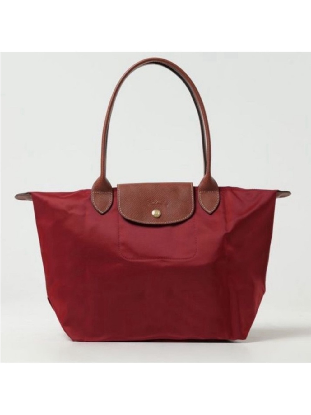 Longchamp Le Pliage Red Tote with Brown Leather Trim